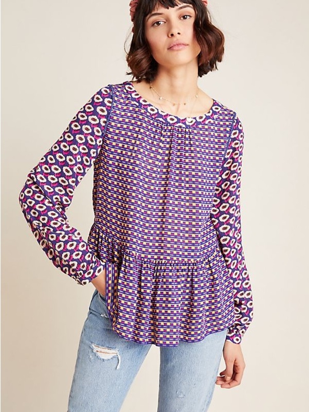 Anthropologie x Maeve Purple & Pink Patterned Cheyenne Peplum Blouse